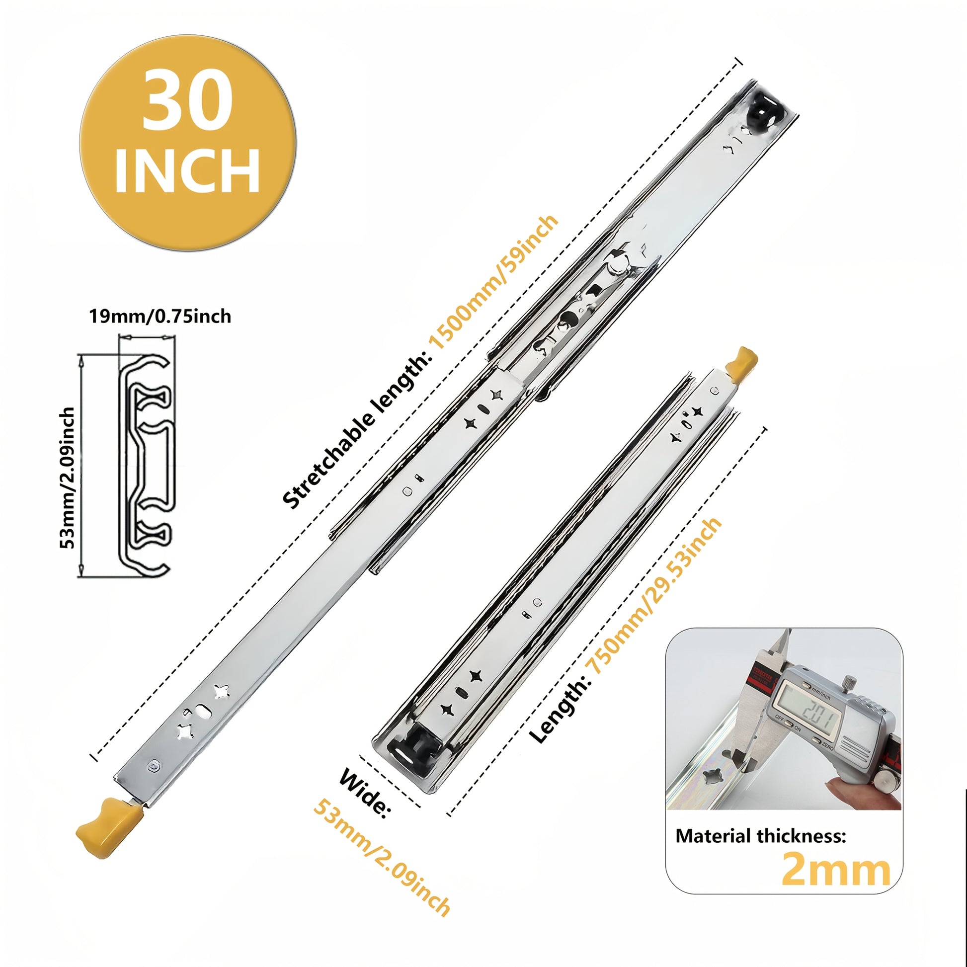 1 Pair 53mm Wide Heavy-Duty Industrial Slides with Locking Guide, 30-40 Inch Ball Bearing, Supports up to 117.93KG - Ideal for RV and Tool Room Drawers, Durable Steel Construction, Smooth Operation, Easy Installation, Tool Ch