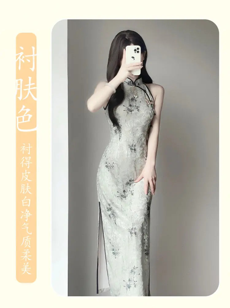 Qipao New 2024 New Improved Young Girl Summer Printing Sexy Dress New Chinese Hanging Neck Cheongsam With Cardigan Suit
