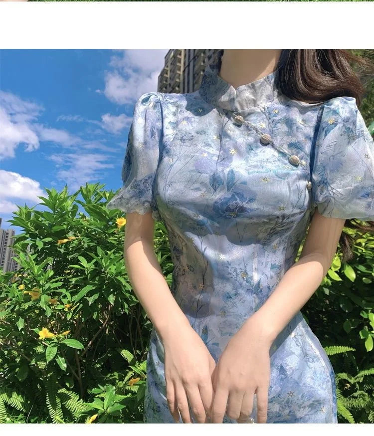 Modern Summer French Short Sleeve Elegant Dress Improvement Cheongsam Girl's Blue Print Fashion Chinese Style Dresses Qipao
