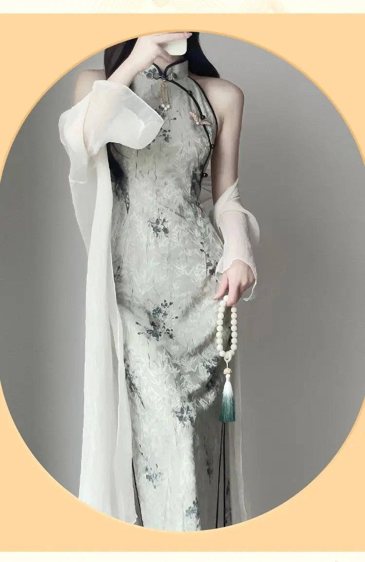 Qipao New 2024 New Improved Young Girl Summer Printing Sexy Dress New Chinese Hanging Neck Cheongsam With Cardigan Suit