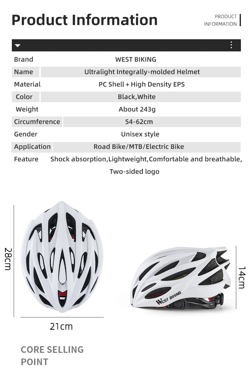 WEST BIKING Bike Helmet Ultralight Aviation Hard Hat Capacete Ciclismo Cycling Helmet Unisex Cycling Outdoor Mountain Road