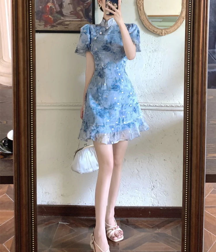 Modern Summer French Short Sleeve Elegant Dress Improvement Cheongsam Girl's Blue Print Fashion Chinese Style Dresses Qipao