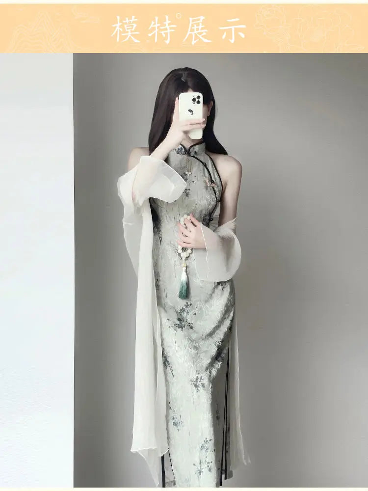 Qipao New 2024 New Improved Young Girl Summer Printing Sexy Dress New Chinese Hanging Neck Cheongsam With Cardigan Suit