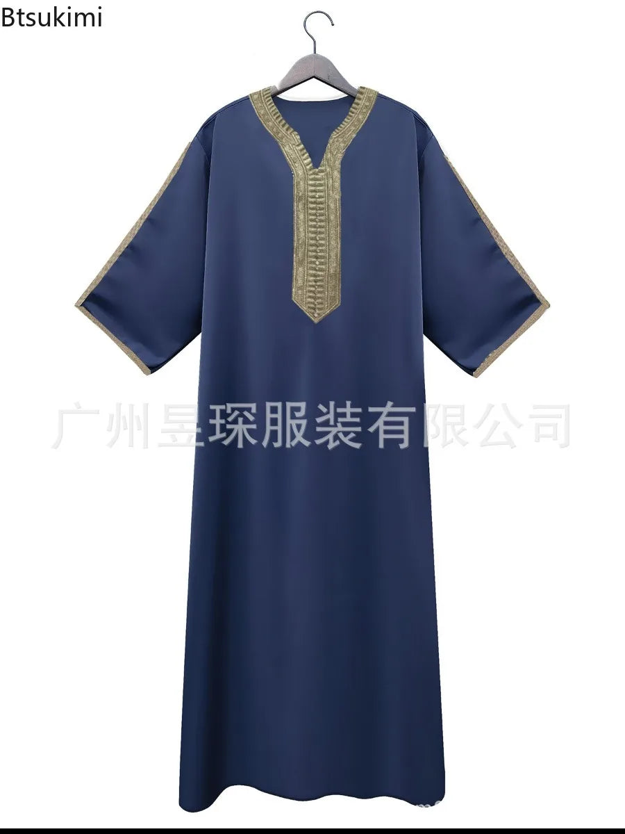 2025 Eid Kaftan Muslim Fashion Abaya for Men Half Sleeve Embroidery Loose Breathable Casual Robe Dubai Arab Islamic Caftan Dress