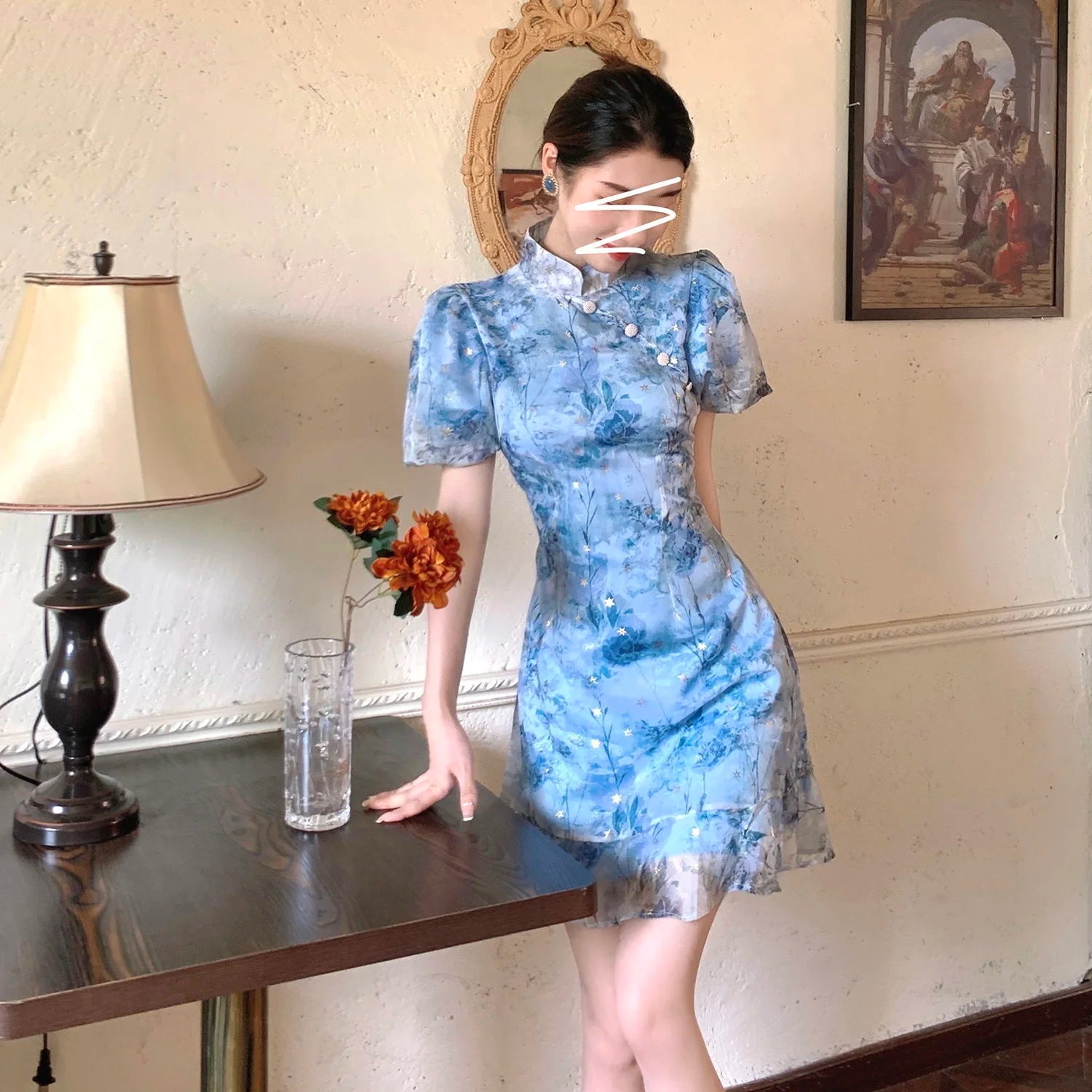Modern Summer French Short Sleeve Elegant Dress Improvement Cheongsam Girl's Blue Print Fashion Chinese Style Dresses Qipao