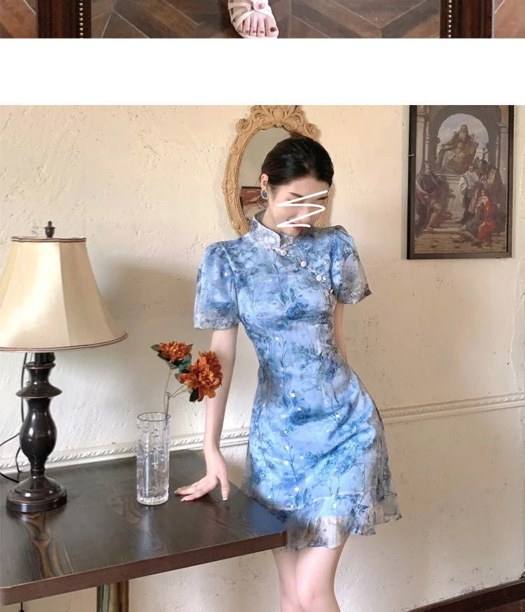 Modern Summer French Short Sleeve Elegant Dress Improvement Cheongsam Girl's Blue Print Fashion Chinese Style Dresses Qipao