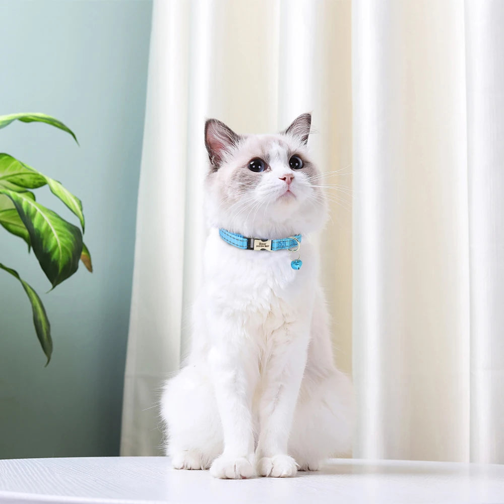 Personalized Cat Collar Reflective Nylon Dog Cats ID Collars With Bell Free Engraving for Cats Small Dogs Chihuahua 10 Colors