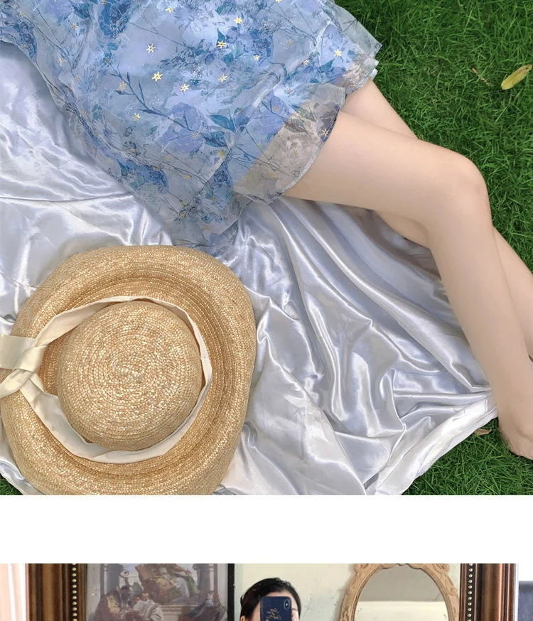 Modern Summer French Short Sleeve Elegant Dress Improvement Cheongsam Girl's Blue Print Fashion Chinese Style Dresses Qipao