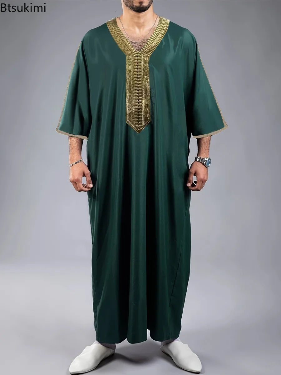 2025 Eid Kaftan Muslim Fashion Abaya for Men Half Sleeve Embroidery Loose Breathable Casual Robe Dubai Arab Islamic Caftan Dress