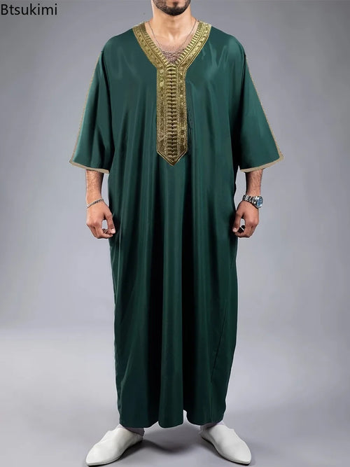 2025 Eid Kaftan Muslim Fashion Abaya for Men Half Sleeve Embroidery Loose Breathable Casual Robe Dubai Arab Islamic Caftan Dress