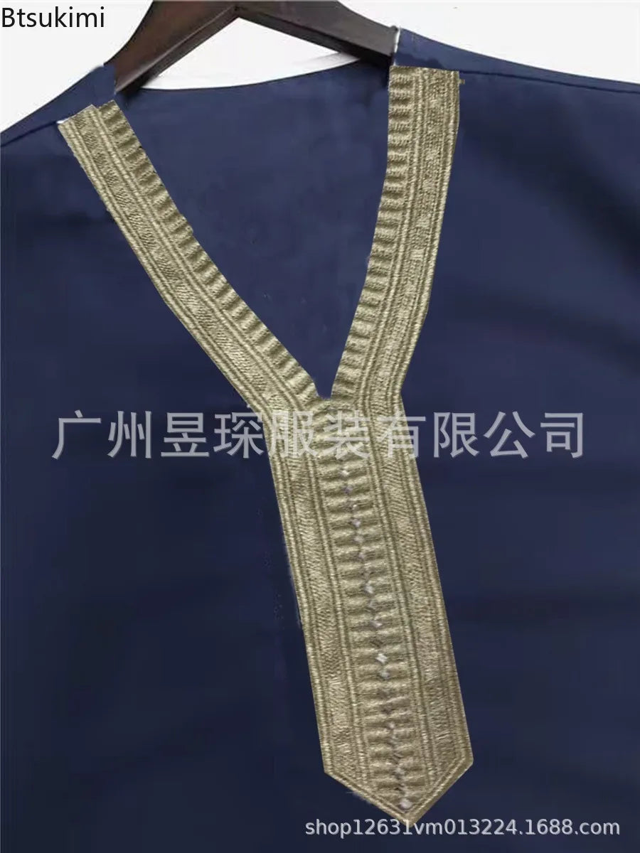 2025 Eid Kaftan Muslim Fashion Abaya for Men Half Sleeve Embroidery Loose Breathable Casual Robe Dubai Arab Islamic Caftan Dress