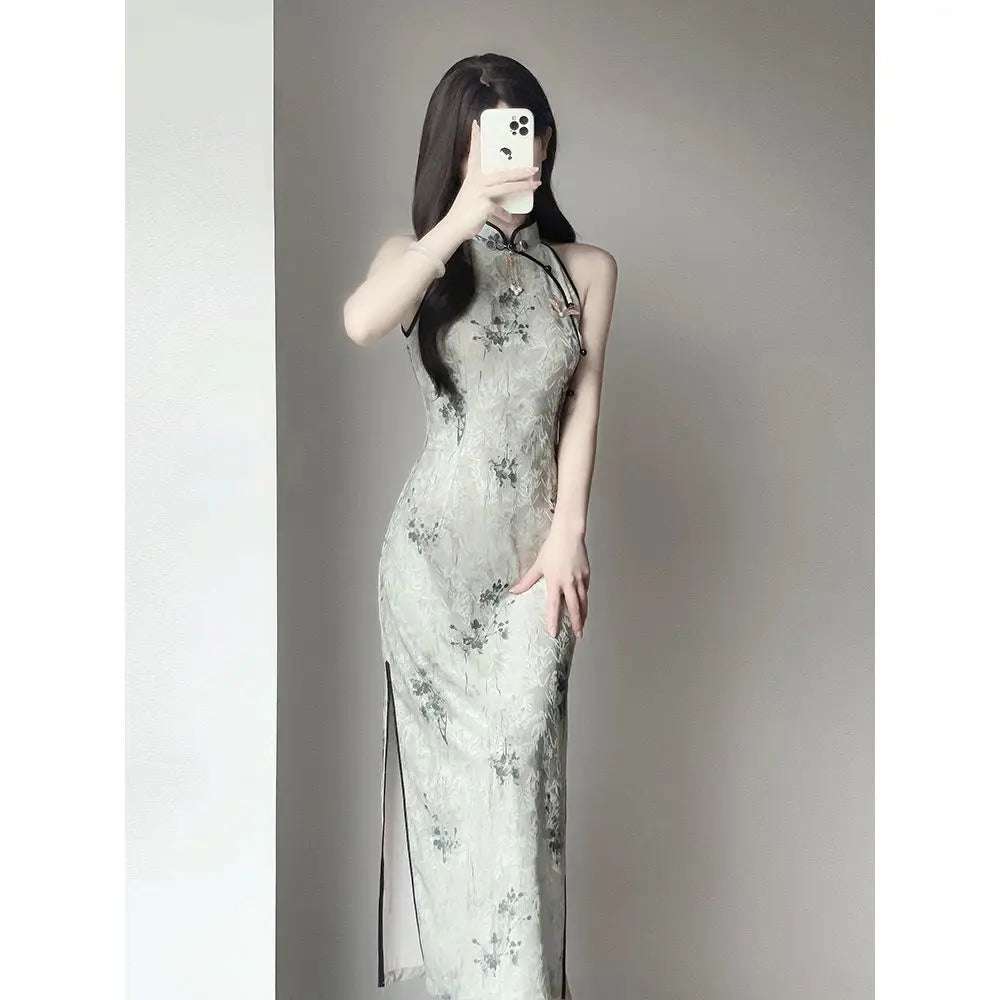 Qipao New 2024 New Improved Young Girl Summer Printing Sexy Dress New Chinese Hanging Neck Cheongsam With Cardigan Suit