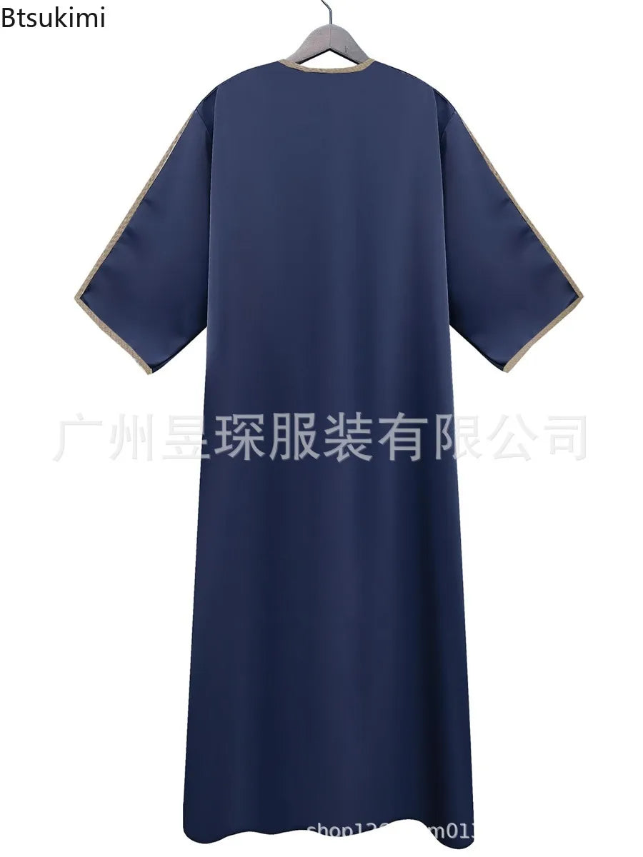 2025 Eid Kaftan Muslim Fashion Abaya for Men Half Sleeve Embroidery Loose Breathable Casual Robe Dubai Arab Islamic Caftan Dress