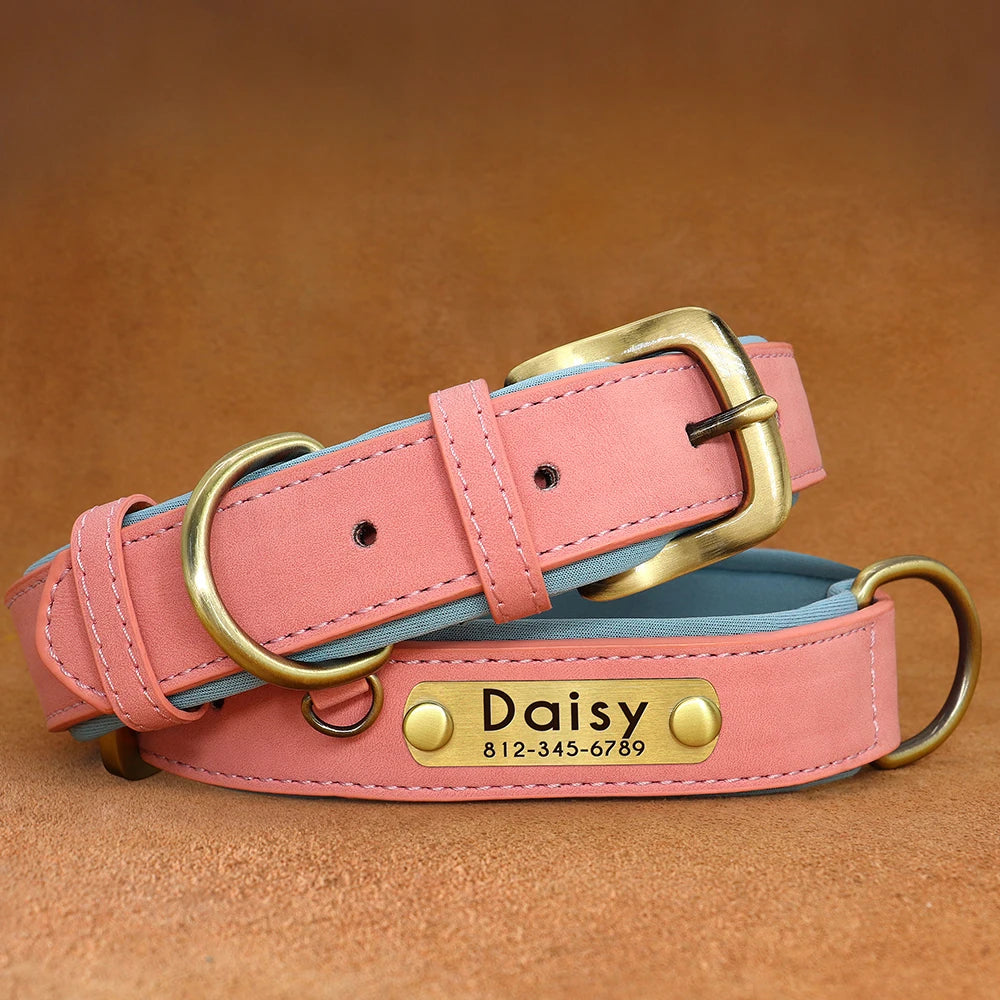 Customized PU Leather Nameplate Dog Collar Soft Padded Dogs Collars Free Engraving Name for Small Medium Large Dogs Adjustable