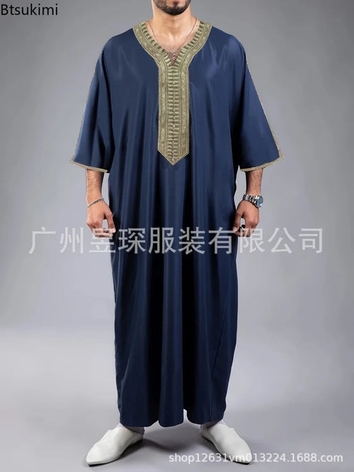 2025 Eid Kaftan Muslim Fashion Abaya for Men Half Sleeve Embroidery Loose Breathable Casual Robe Dubai Arab Islamic Caftan Dress