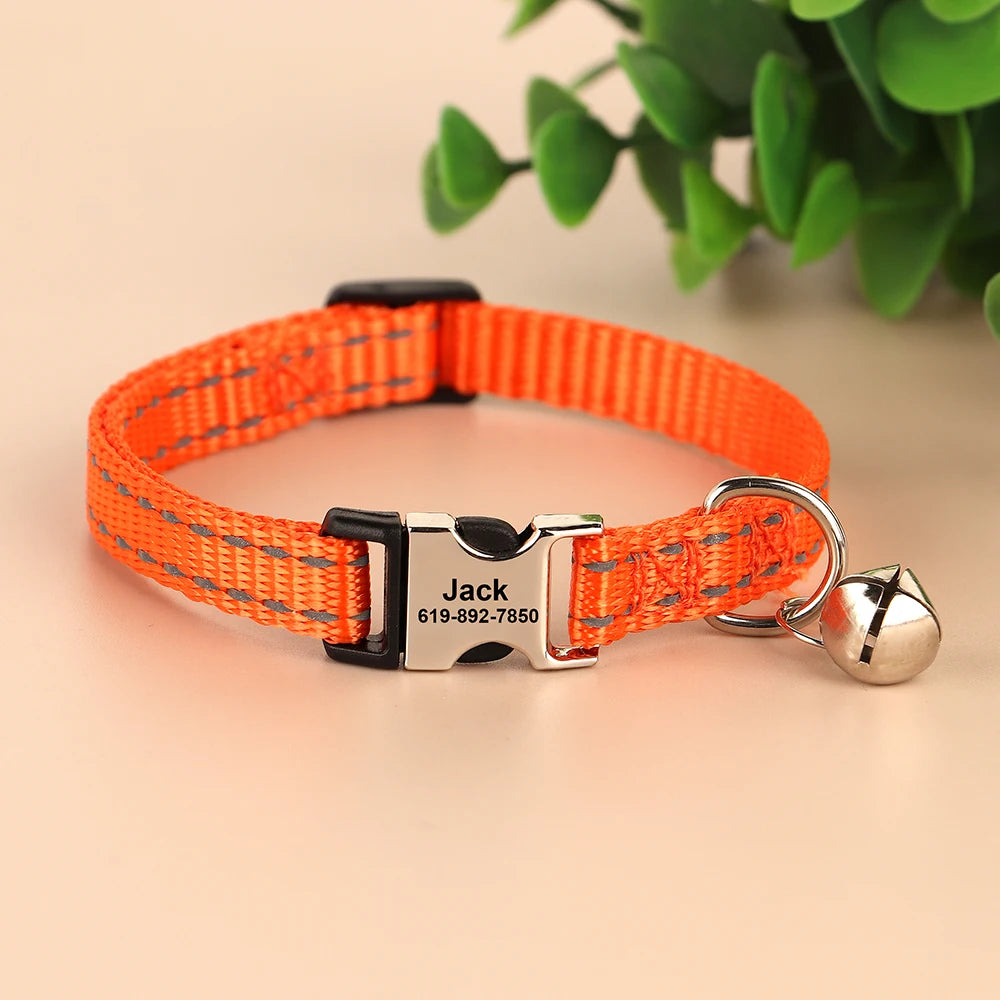 Personalized Cat Collar Reflective Nylon Dog Cats ID Collars With Bell Free Engraving for Cats Small Dogs Chihuahua 10 Colors