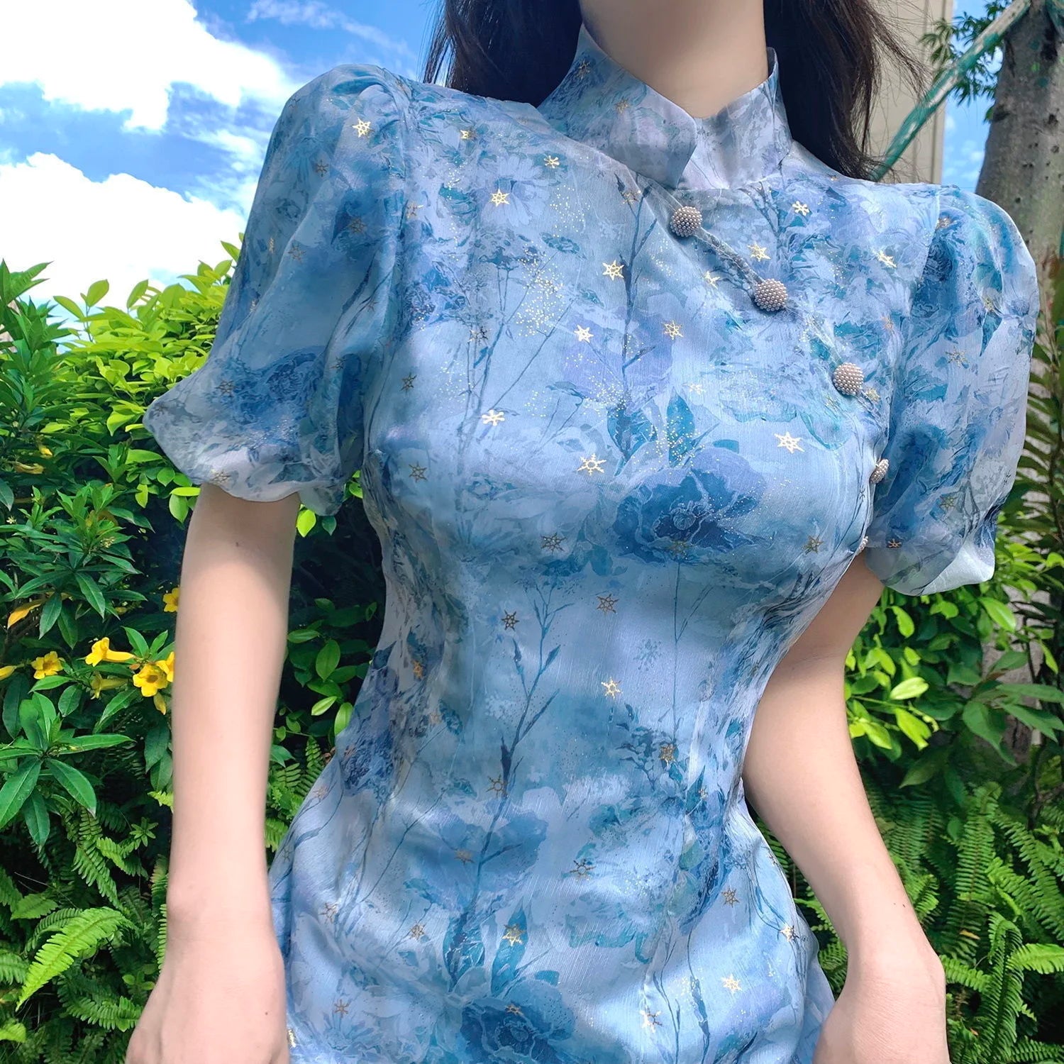 Modern Summer French Short Sleeve Elegant Dress Improvement Cheongsam Girl's Blue Print Fashion Chinese Style Dresses Qipao