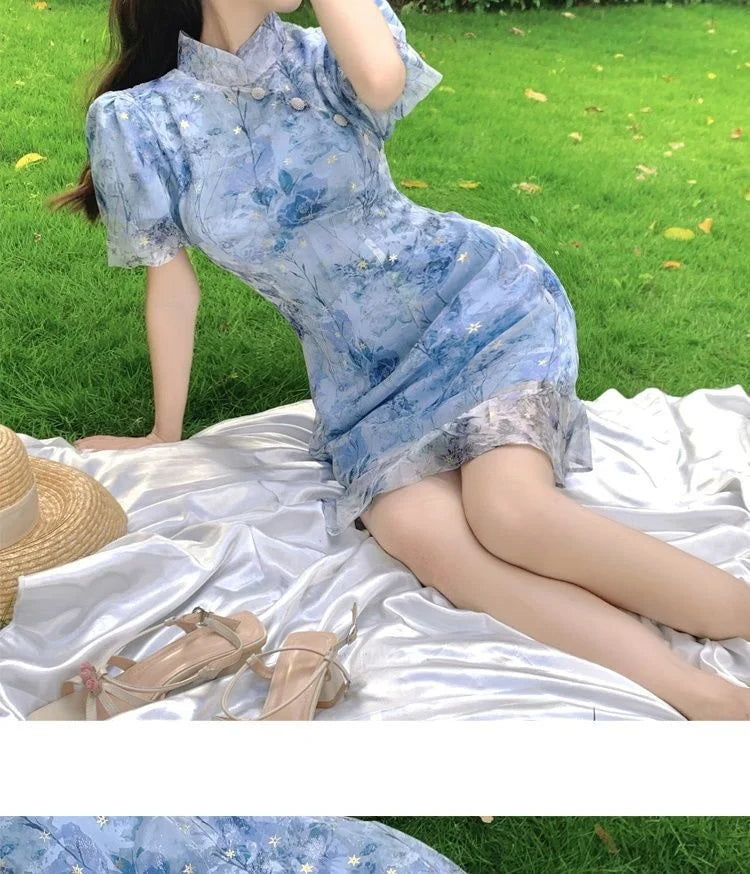 Modern Summer French Short Sleeve Elegant Dress Improvement Cheongsam Girl's Blue Print Fashion Chinese Style Dresses Qipao