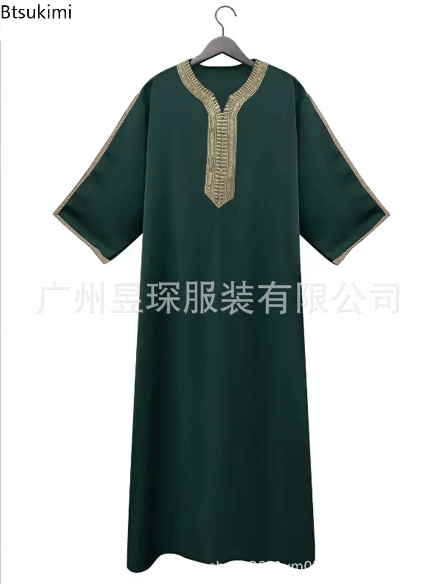 2025 Eid Kaftan Muslim Fashion Abaya for Men Half Sleeve Embroidery Loose Breathable Casual Robe Dubai Arab Islamic Caftan Dress