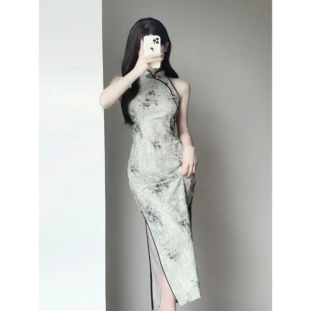 Qipao New 2024 New Improved Young Girl Summer Printing Sexy Dress New Chinese Hanging Neck Cheongsam With Cardigan Suit